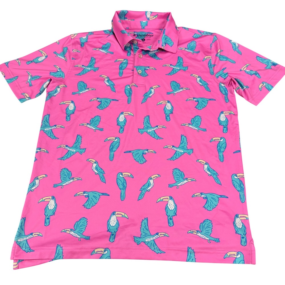 Chubbies Mens Pink Toucan Bird Print Performance Polo Shirt Small - Picture 1 of 8